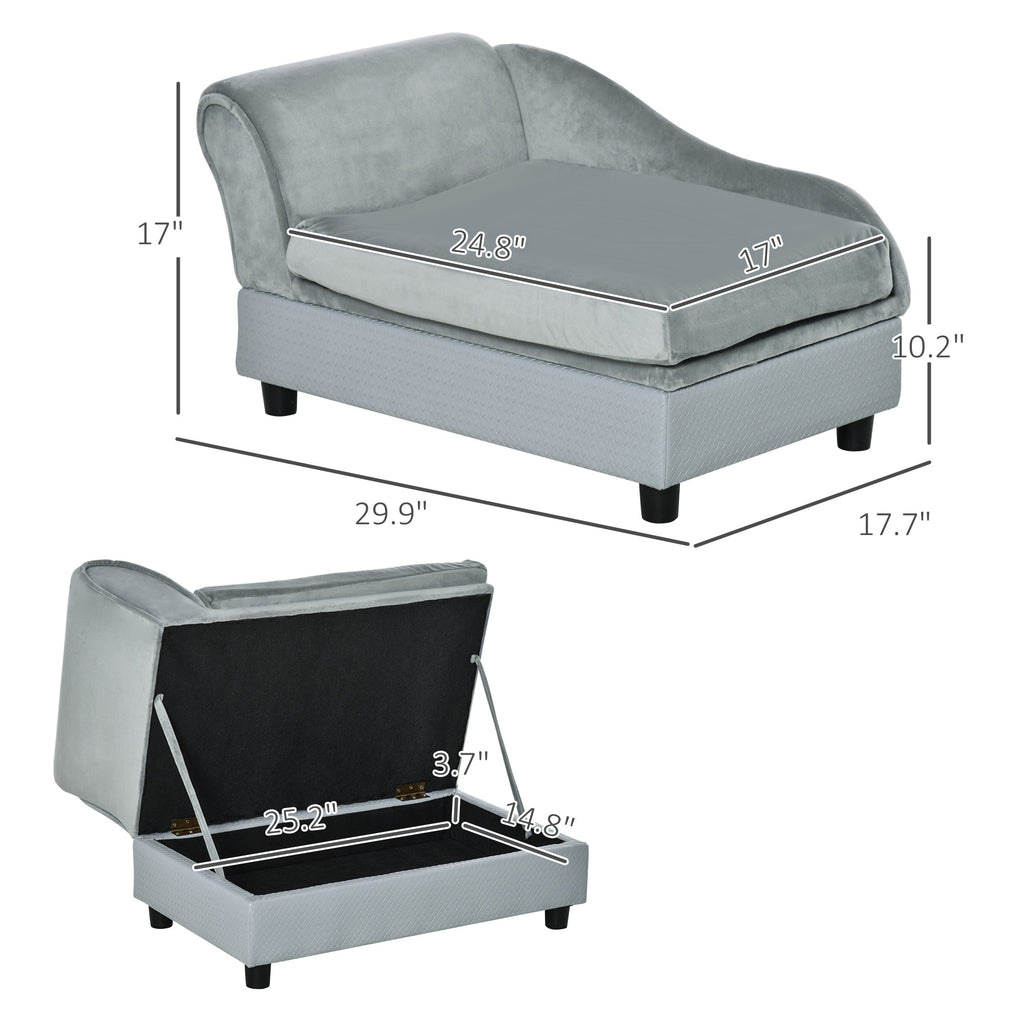 Cama de lujo para perros pequeños, con espacio de almacenamiento oculto, sofá de espuma suave, muebles modernos para mascotas, color gris
