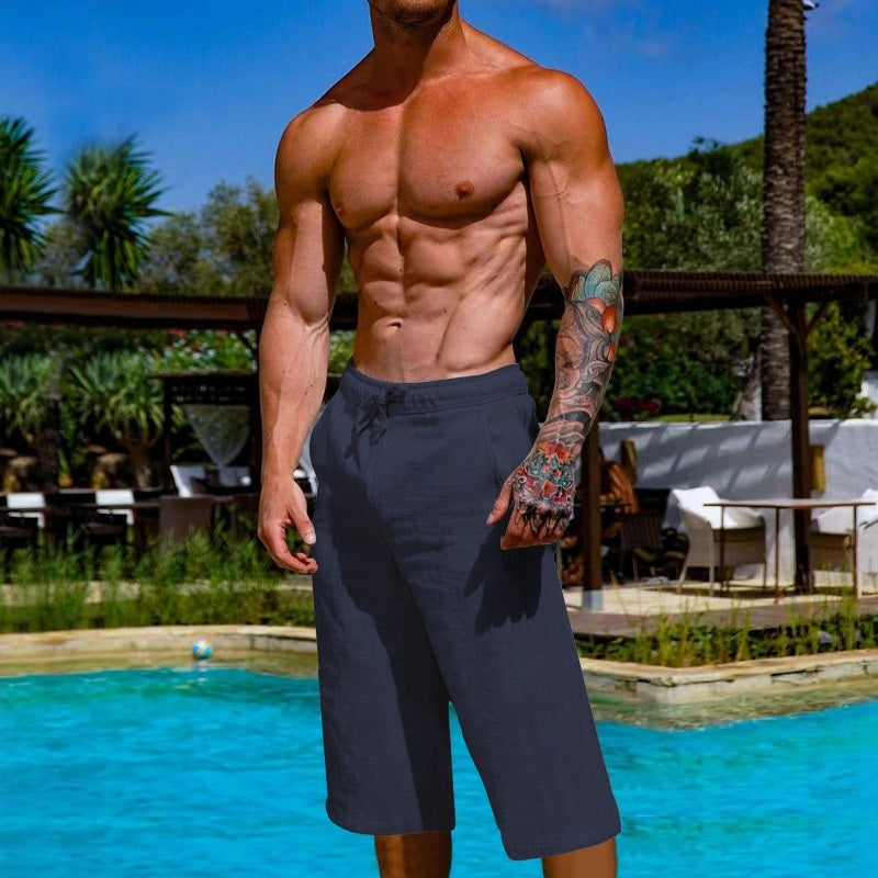Loose Linen Cotton Breathable Cropped Pants For Men's Sports And Casual Wear