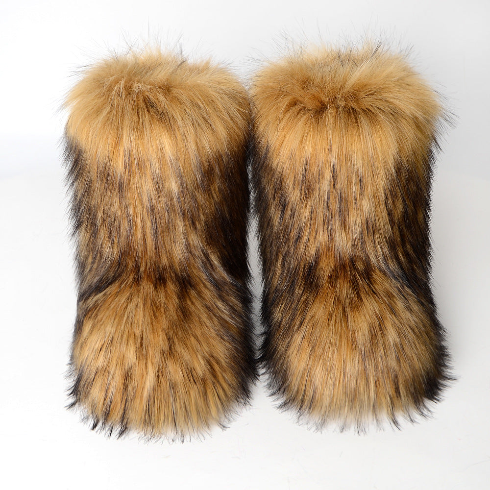 Winter Fur Integrated Imitation Raccoon Fur Women's Snow Boots Fluffy Shoes Outdoor Middle Boots
