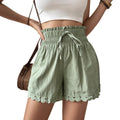 Lace-trimmed, Casual, Loose-fitting High-waist Ruched Drawstring Shorts For The Beach
