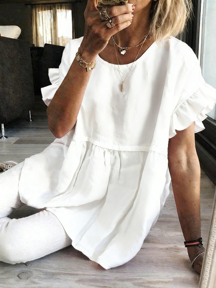 Solid-color Crewneck Short-sleeve Ruched Womens Top