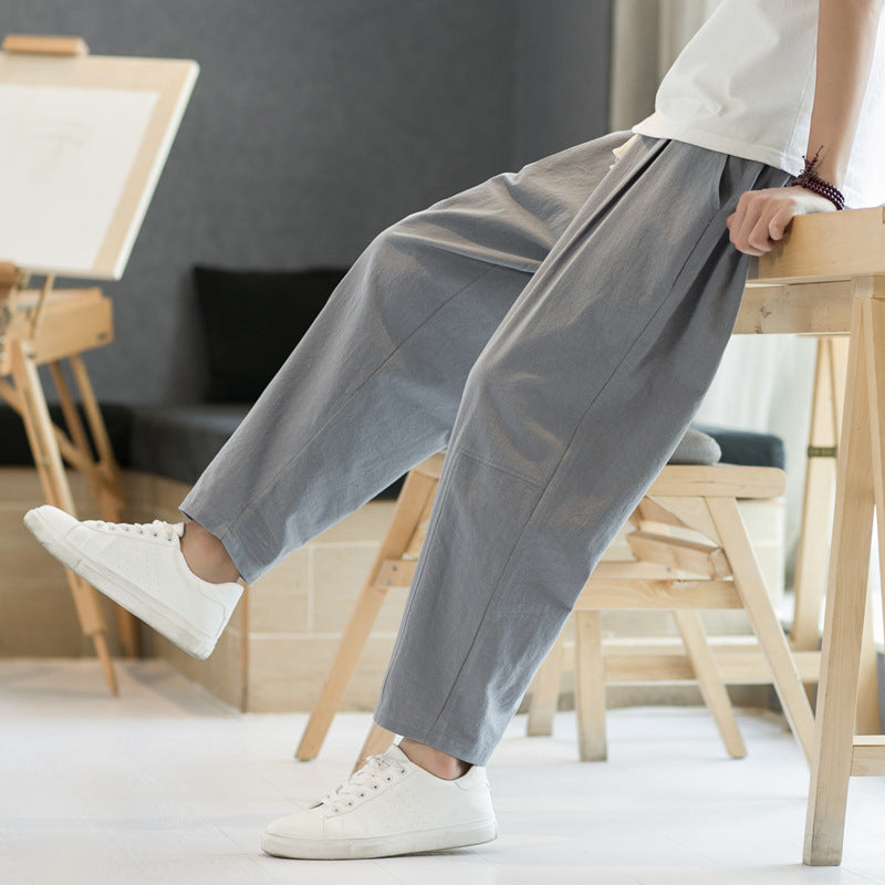 Pantalones casuales de corte recto y holgados de algodón y lino para hombre