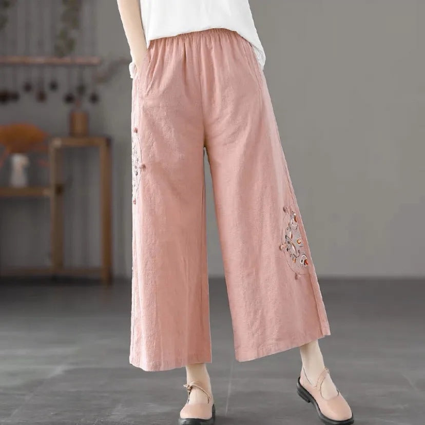 Cotton-linen Solid-color Elastic-waist Loose-fitting Multi-color Straight-leg Wide-leg Pants