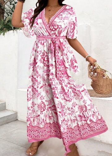 Vestido largo con cuello en V y estampado retro para mujer