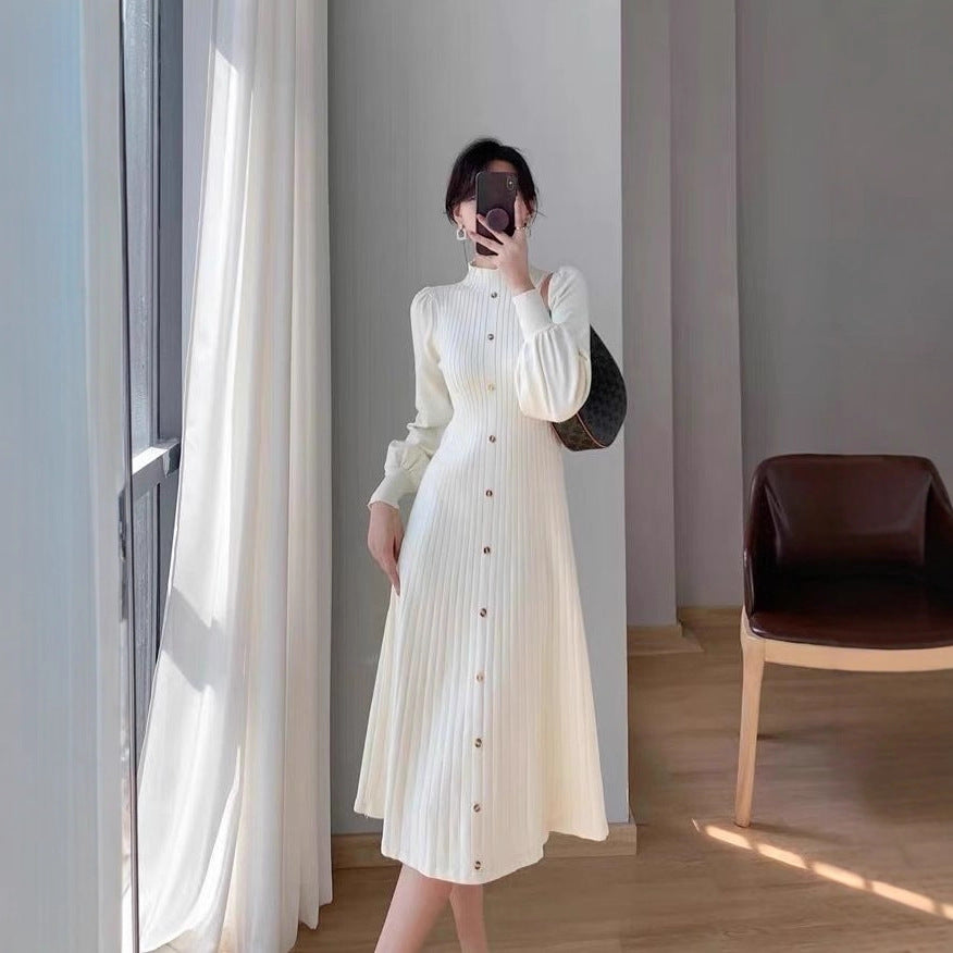 Vestido de punto de manga larga con cuello alto para otoño e invierno