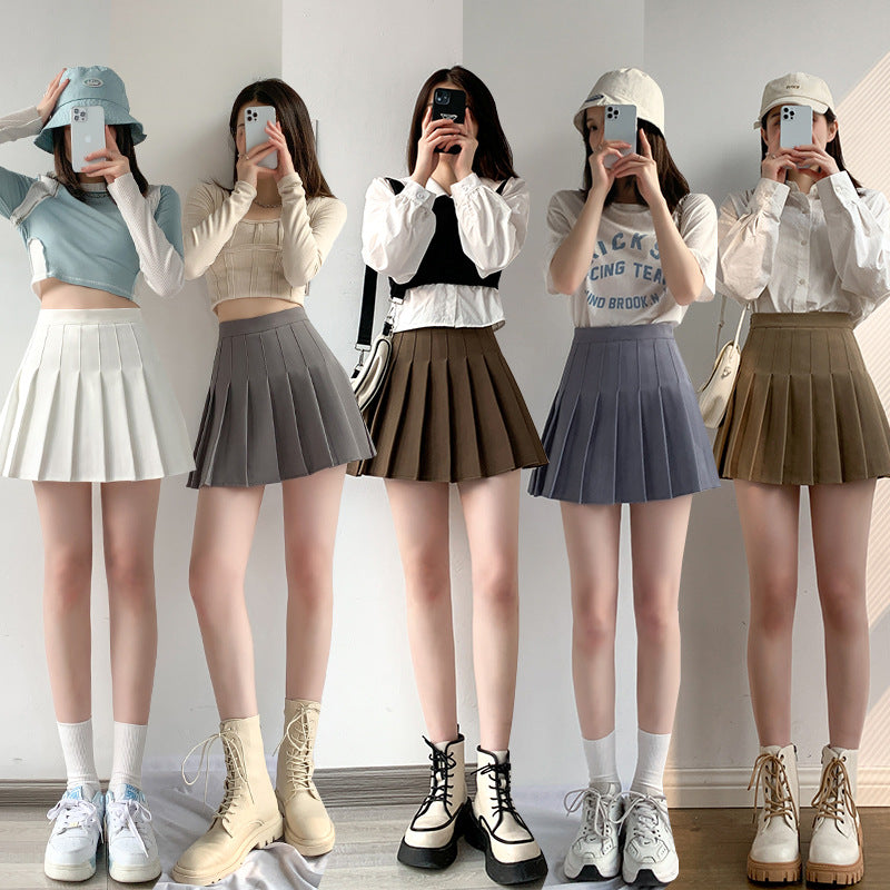Womens Solid-Color Korean-Style High-Waisted Pleated Skirt