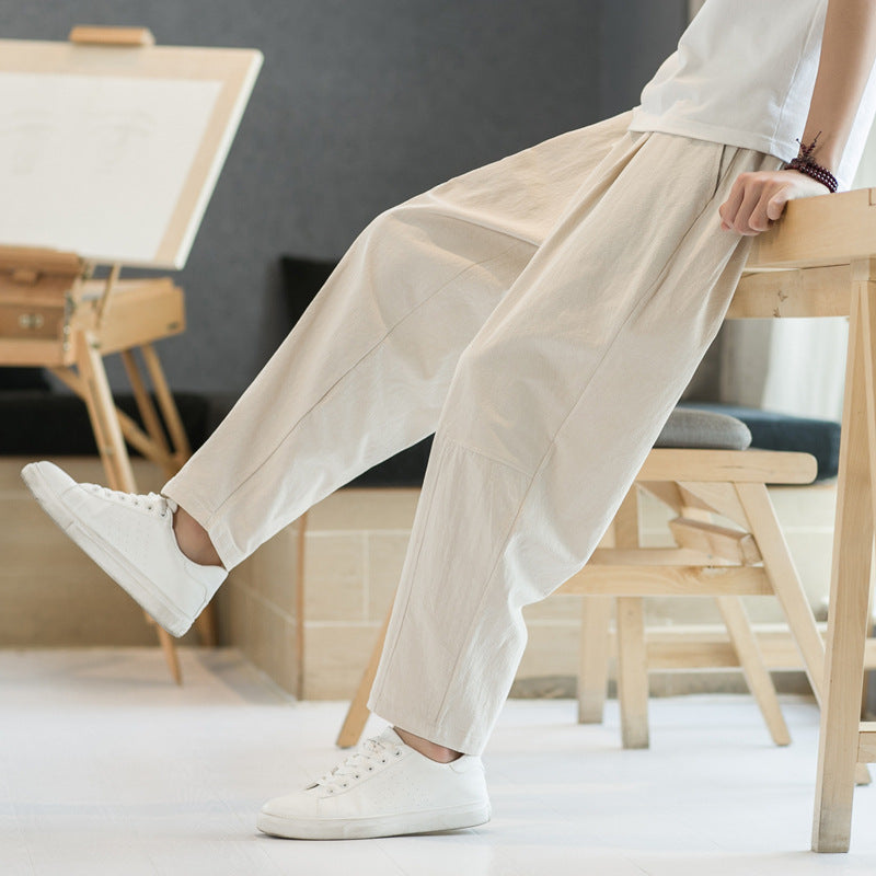 Pantalones casuales de corte recto y holgados de algodón y lino para hombre