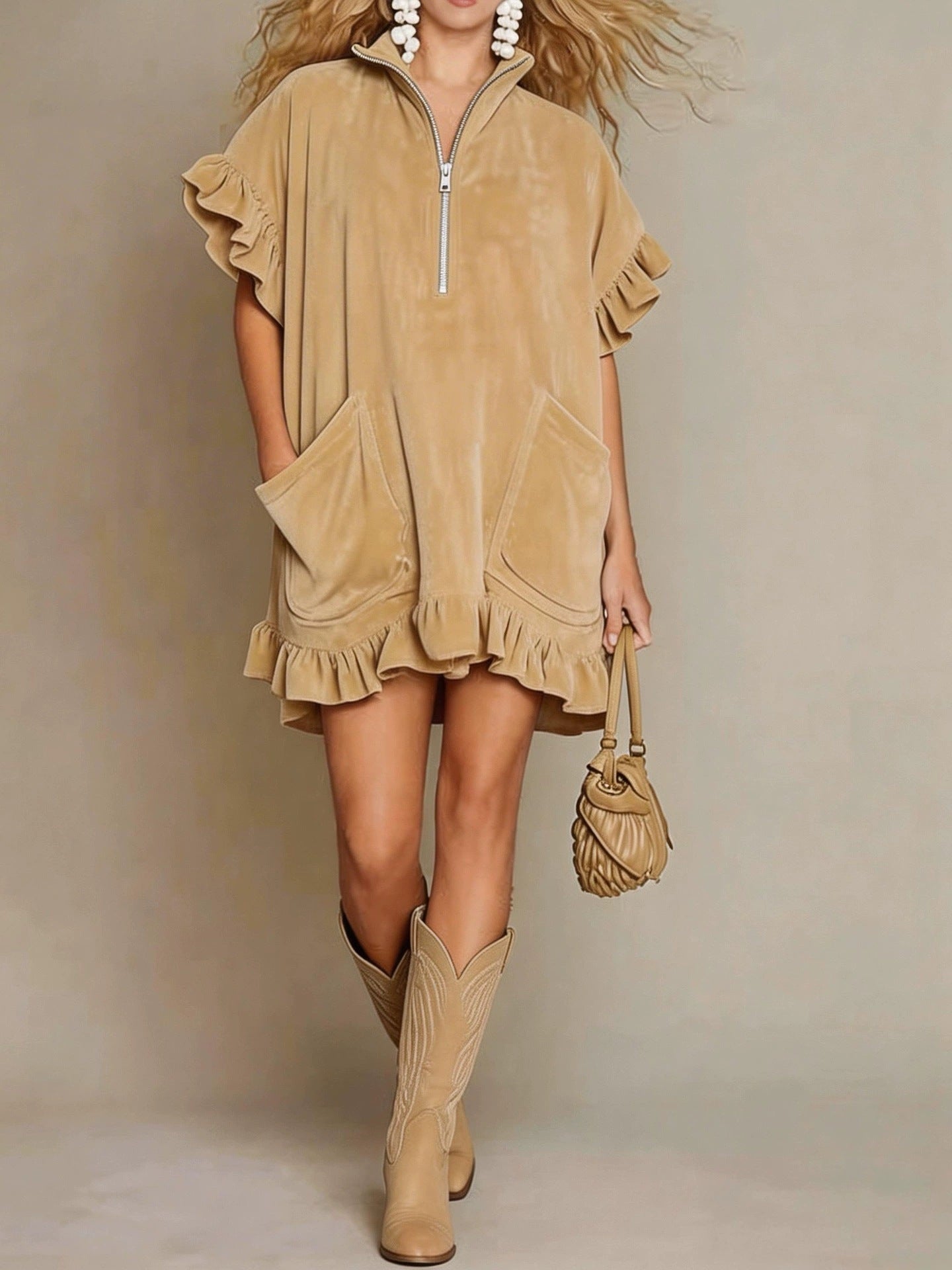 Short-sleeve Double-pocket Dress With Zipper And Ruffled Hem, A-line Womens Outfit