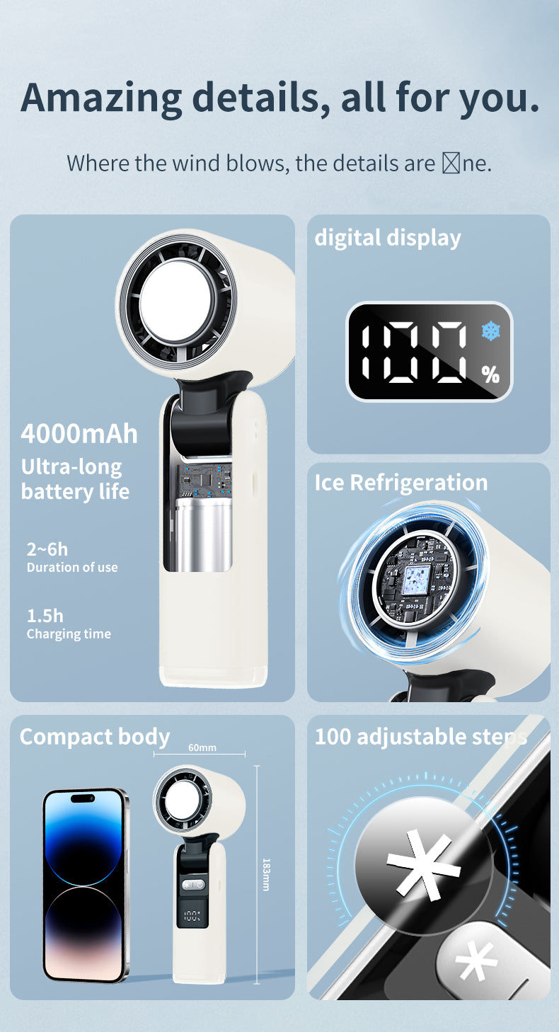 Ventilador portátil de mano, miniventilador turbo de velocidad ajustable, modo de temperatura reducida, pantalla digital recargable, ventilador personal plegable con luz nocturna, adecuado para mujeres y hombres al aire libre.