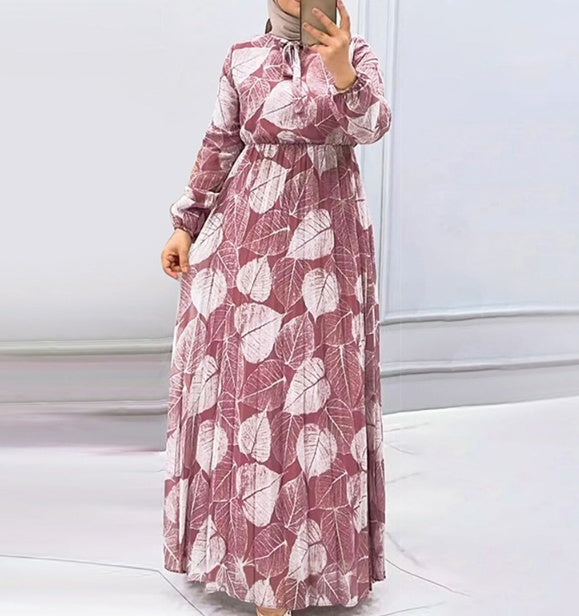 Falda plisada con estampado de hojas para mujer, vestido a la moda que adelgaza la cintura.