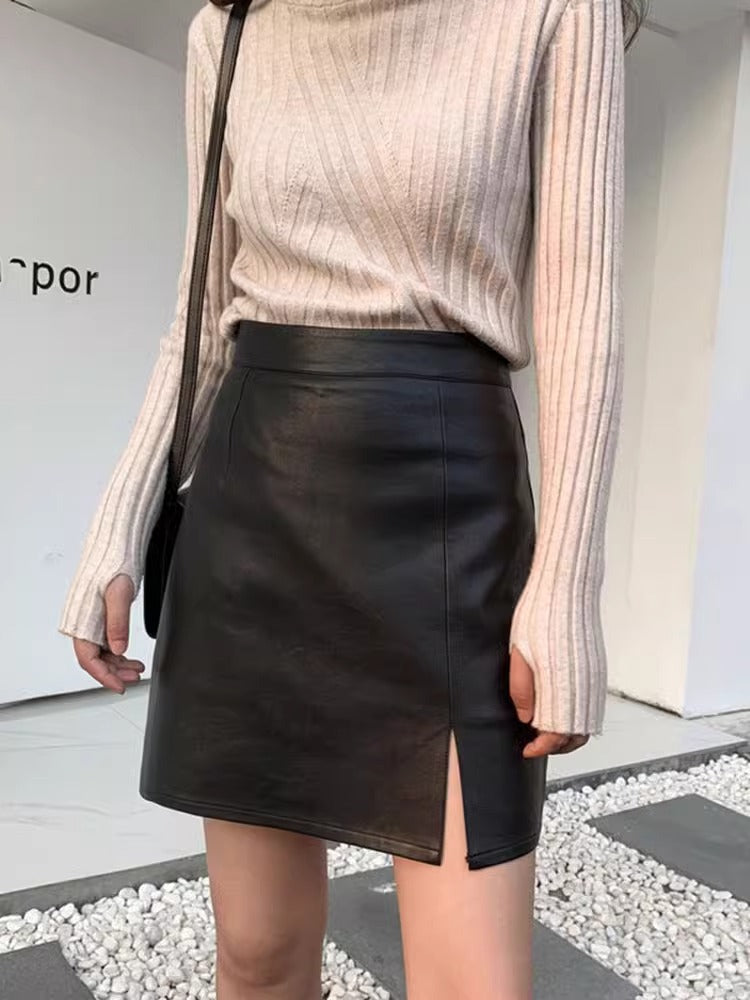 Falda de cuero sintético para mujer, sexy, ajustada, de cintura alta, para otoño e invierno