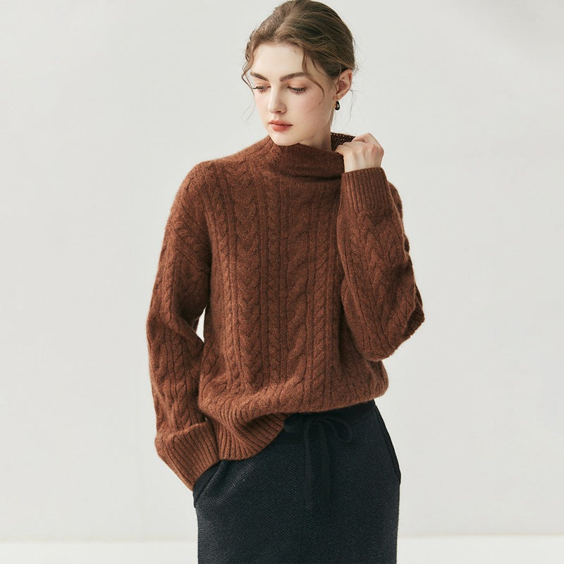 Suéter de cachemira de punto trenzado con cuello alto y costuras para mujer. Elegante, artístico y versátil para cualquier look.