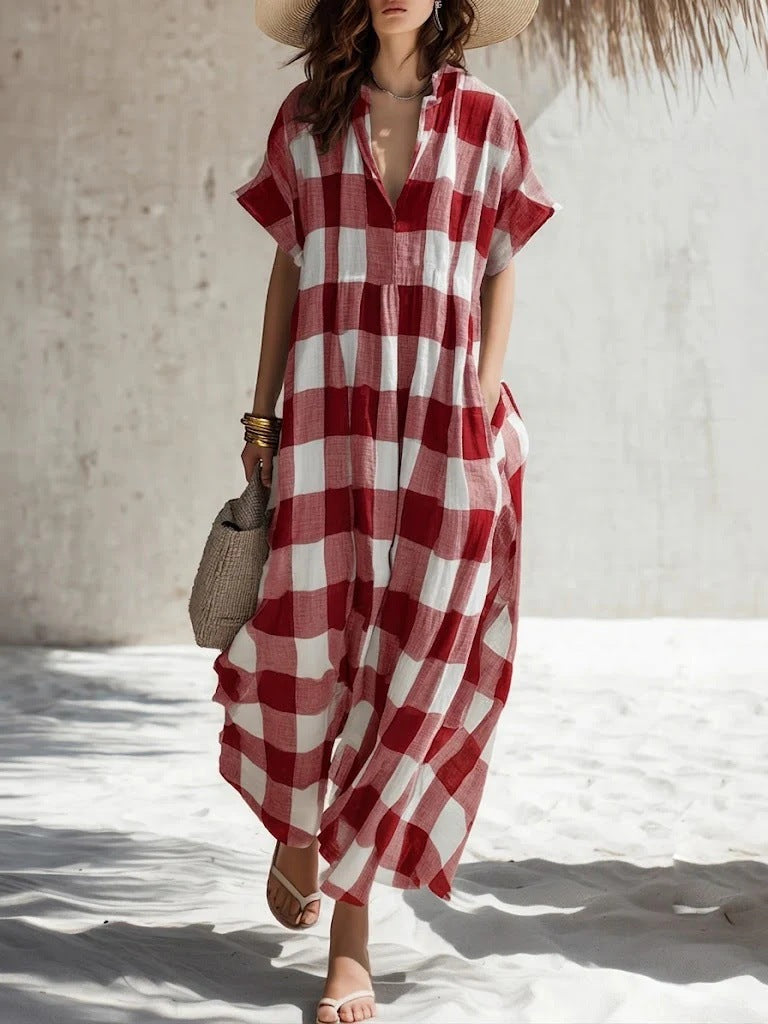 Plaid V-neck Long Cotton-Linen Dress