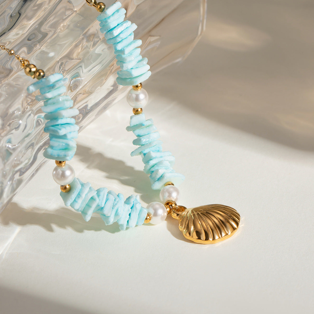 Mint Green Shell Patch Pearl Shell Pendant Necklace Jewelry