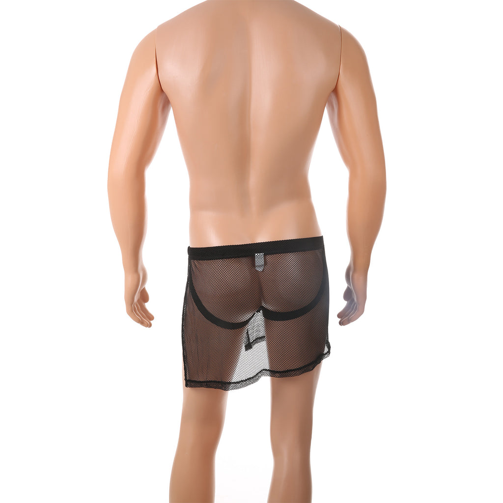 Falda de tanga de malla sexy para hombre con abertura lateral alta y transparente