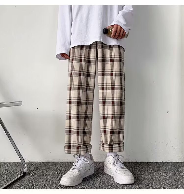 Men's Casual All-Match Loose Plaid Wide-Leg Trousers