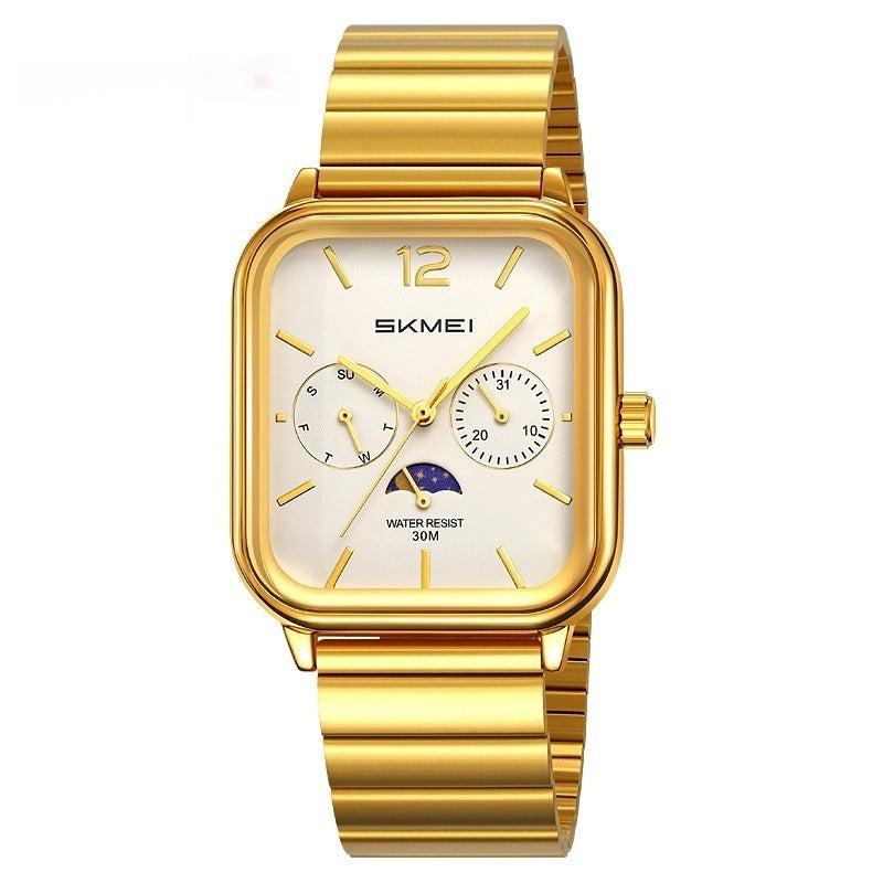 Elegante reloj cuadrado multifuncional con indicador de fase lunar de seis manecillas, diseñado para negocios y resistente al agua.