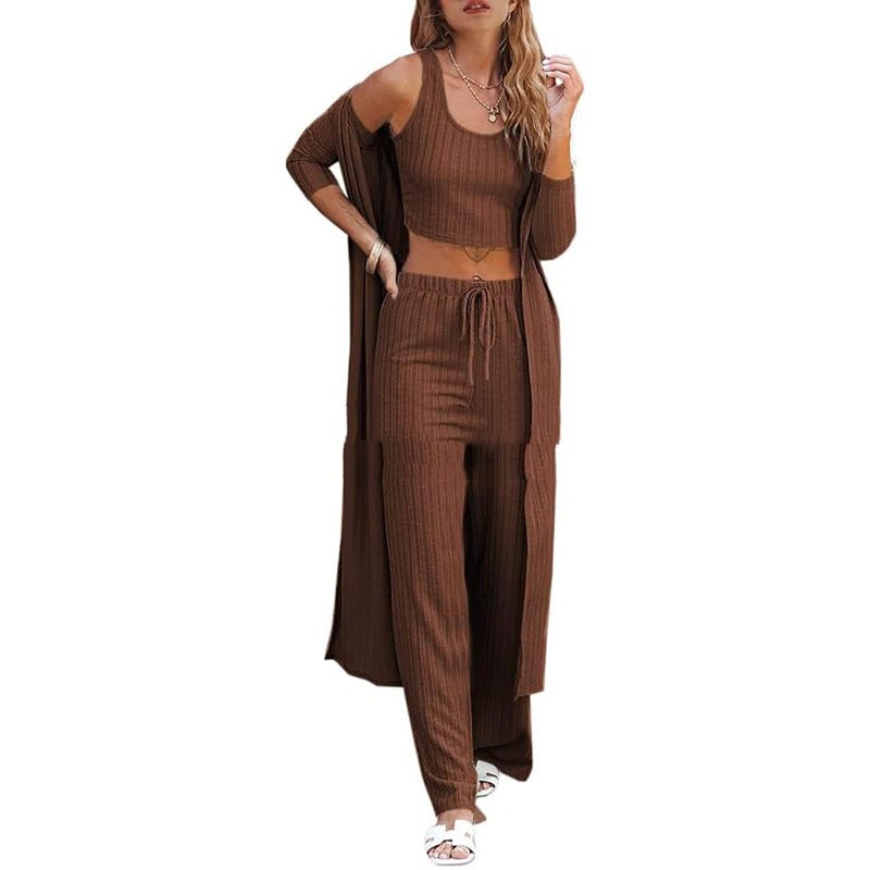 Conjunto de ropa de estar por casa para mujer de tres piezas: chaleco, pantalón y bata