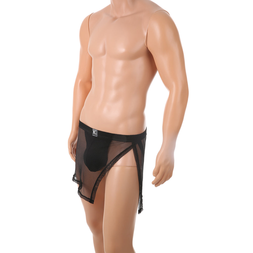 Falda de tanga de malla sexy para hombre con abertura lateral alta y transparente
