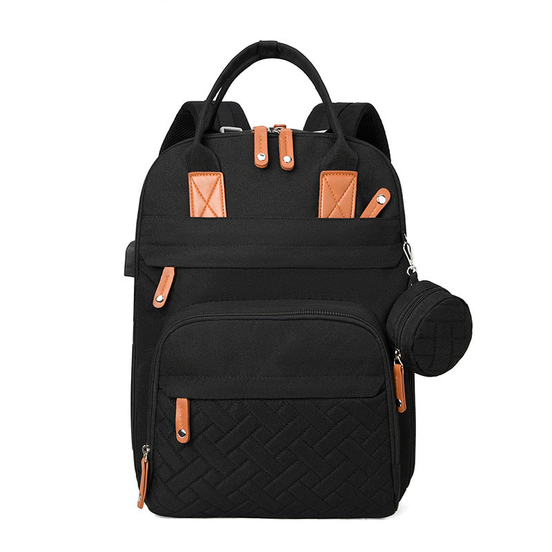 Bolsa multifuncional para cochecito con carga USB y compartimentos separados para ropa seca y húmeda.