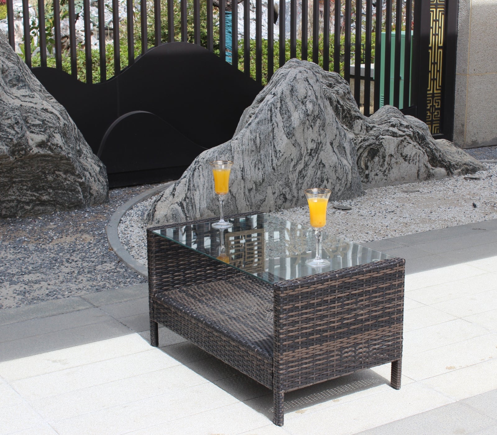 Mesa de centro para muebles de patio al aire libre con vidrio templado transparente