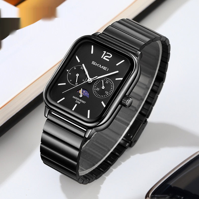 Elegante reloj cuadrado multifuncional con indicador de fase lunar de seis manecillas, diseñado para negocios y resistente al agua.