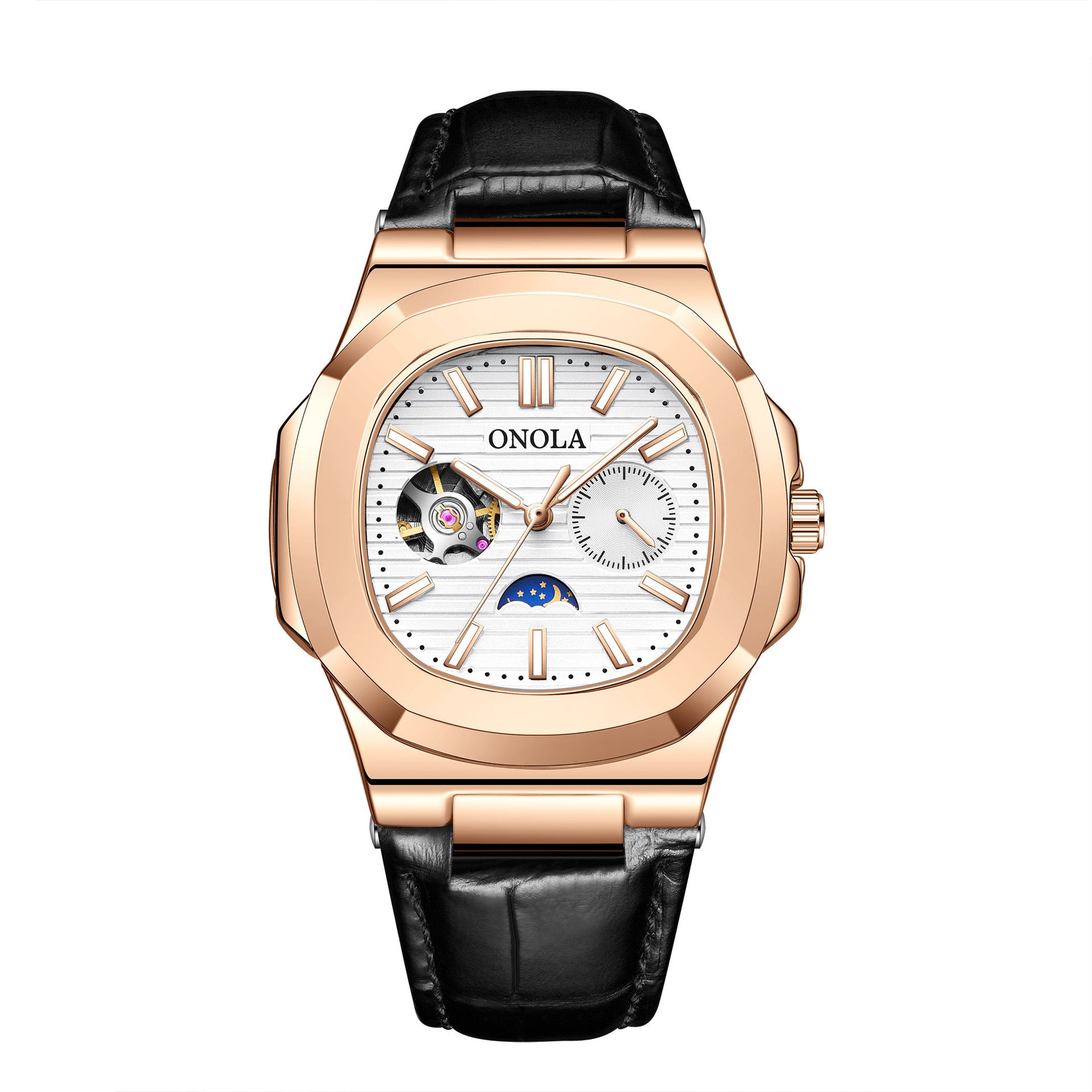 Reloj mecánico de alta calidad con diseño de sol, luna y estrellas, correa de cuero impermeable.