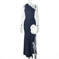 Chic Long Dress With A Slanted Neckline And A Stylish Slit