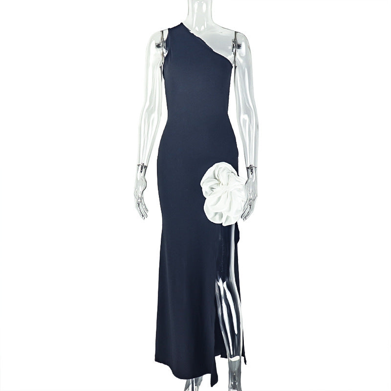Chic Long Dress With A Slanted Neckline And A Stylish Slit