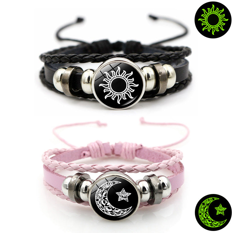 Pulsera de cuero luminosa para parejas de amantes del sol y la luna