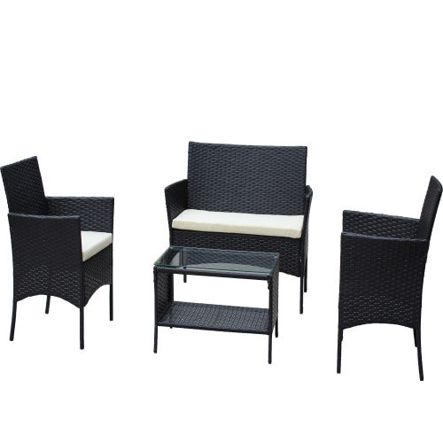 Juego de 4 muebles de patio de ratán con asiento acolchado para exterior, sofá de mimbre con cojín beige