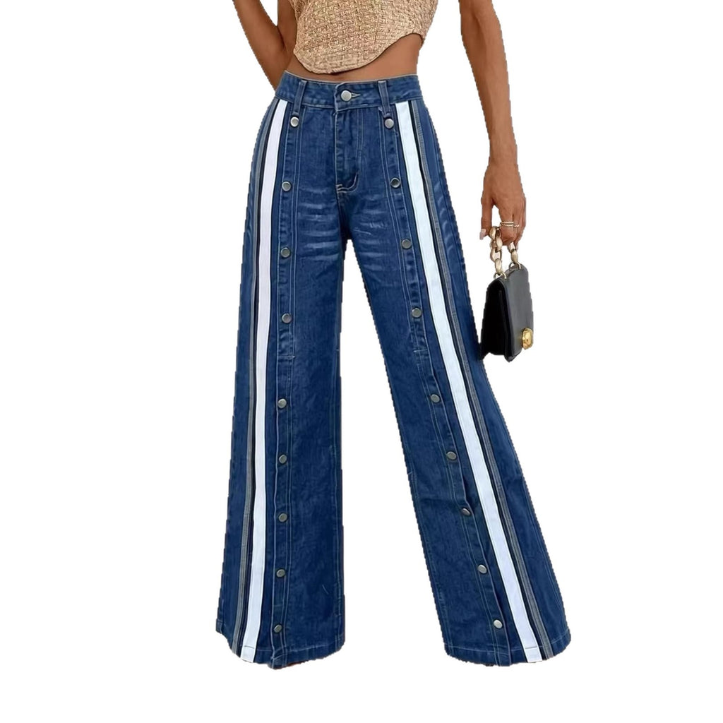 Fashionable Retro Personalized Flared Split Hem Color-Block Wide-Leg Floor-Length Womens Denim Trousers