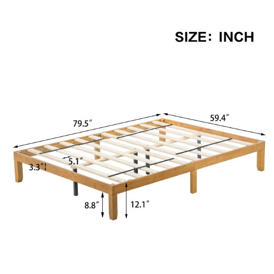 Marco de cama de madera tamaño Queen, sin somier, resistente soporte de listones de madera, fácil montaje.