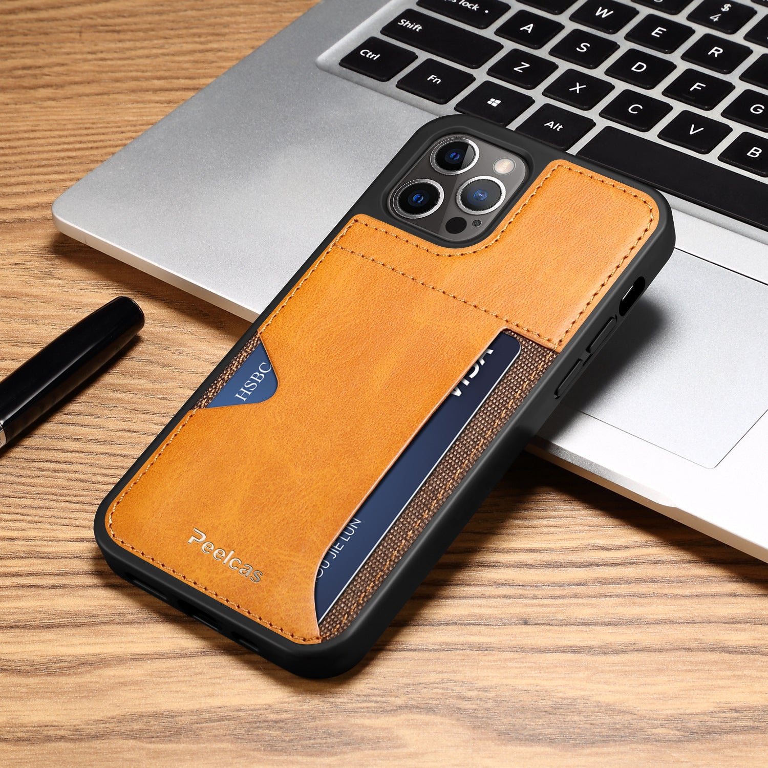 Estuche para teléfono con tarjetero de cuero para negocios