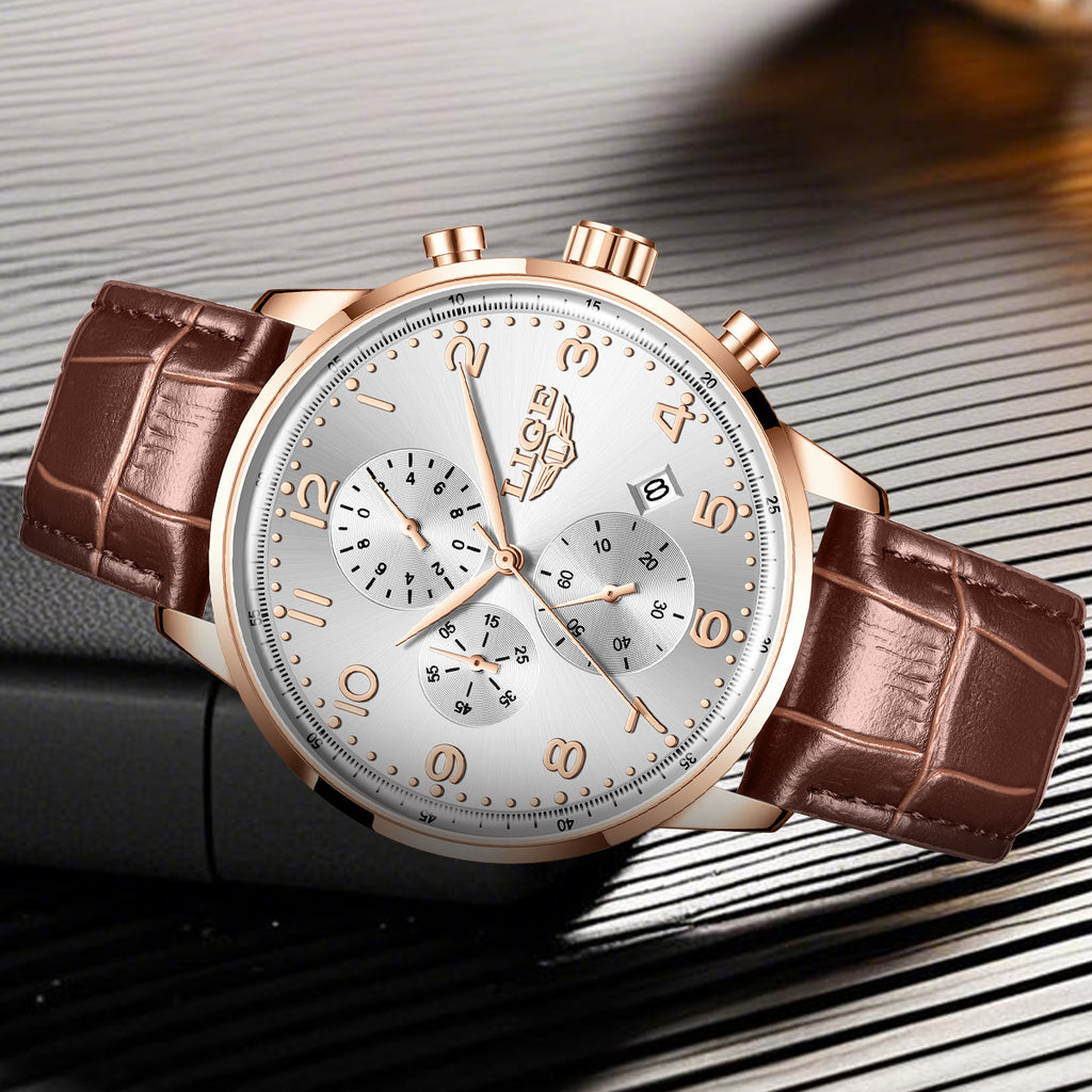 Reloj mecánico de negocios para hombre, multifuncional, con calendario y correa de cuero, resistente al agua