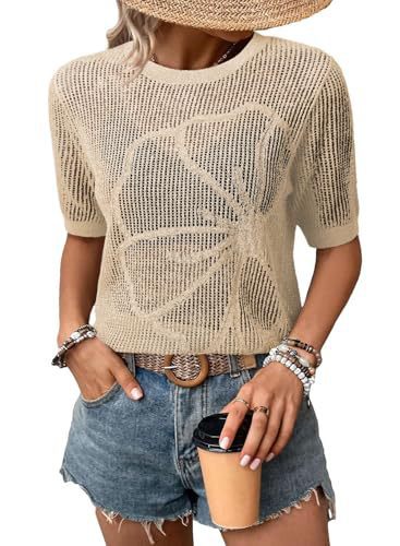 Top de punto de manga corta con cuello redondo de verano para mujer