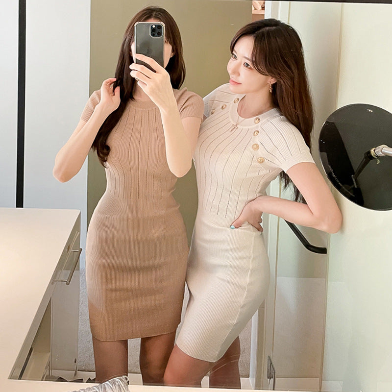 Vestido estilo suéter de manga corta calado para mujer, estilo coreano