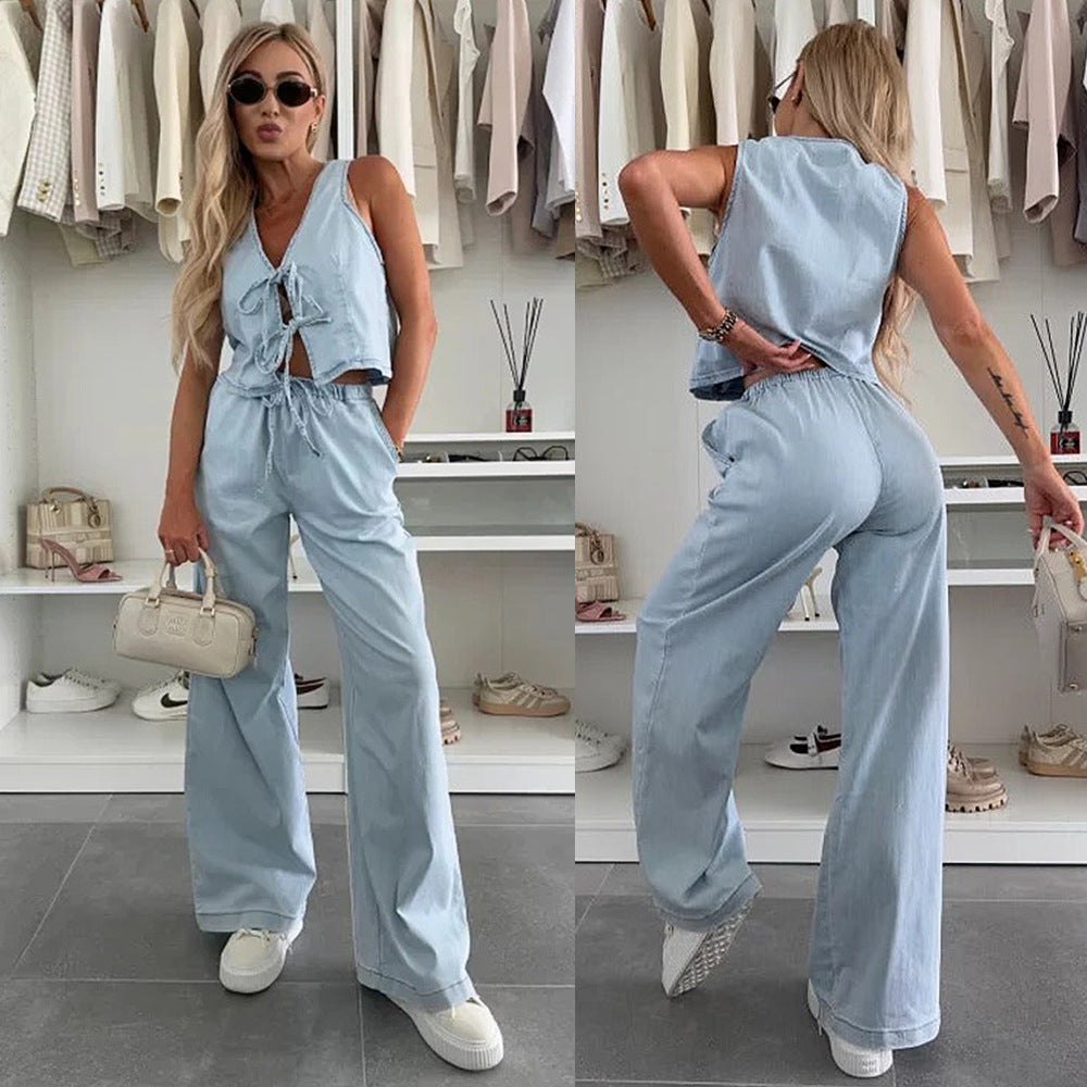 Lace-up Wide-leg Jeans Fashion Denim Set Womens