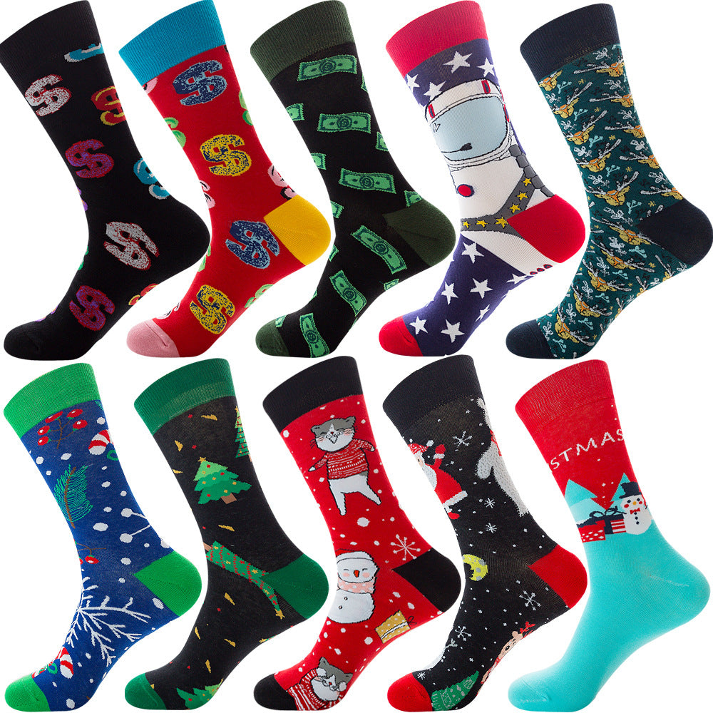 Calcetines de otoño para hombre con estampado de rombos y temática navideña de animales y frutas.