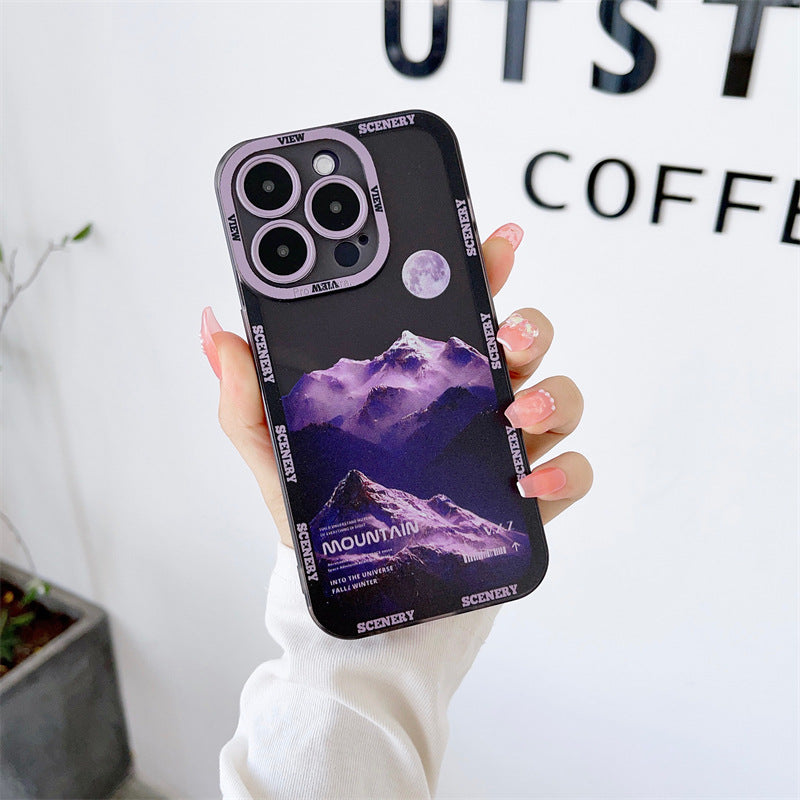 Nueva funda morada oscura para Apple 14 con paisaje de montaña