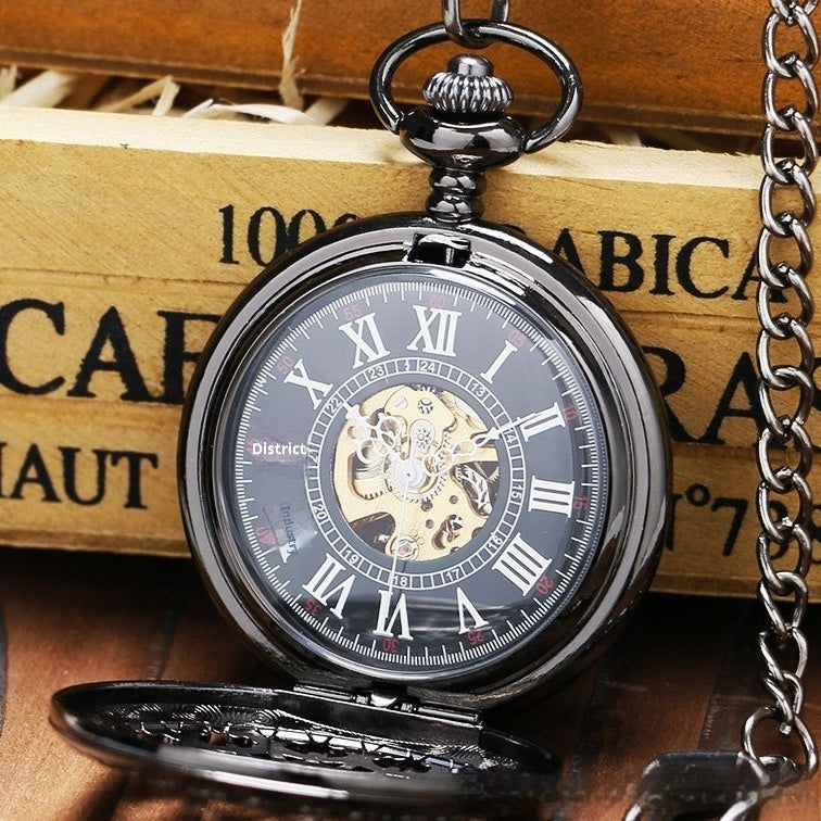 Reloj de bolsillo mecánico retro grande color pistola con diseño de telaraña