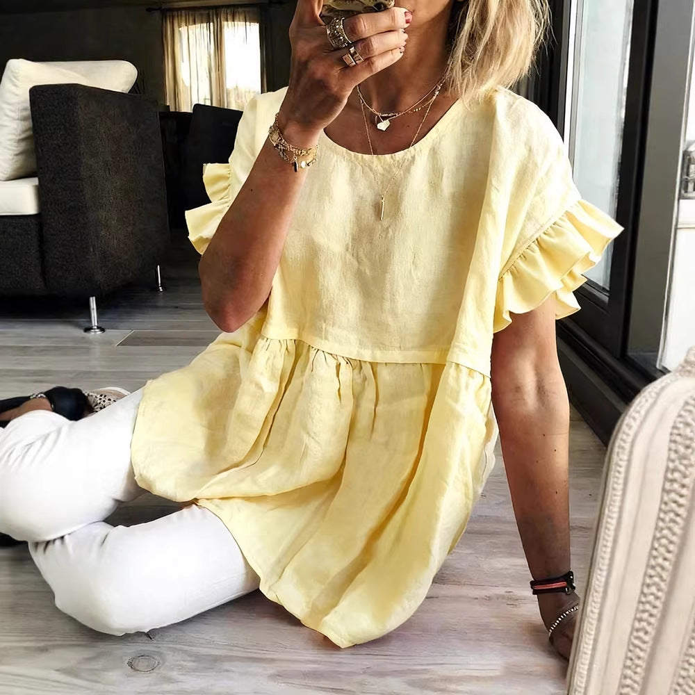 Solid-color Crewneck Short-sleeve Ruched Womens Top