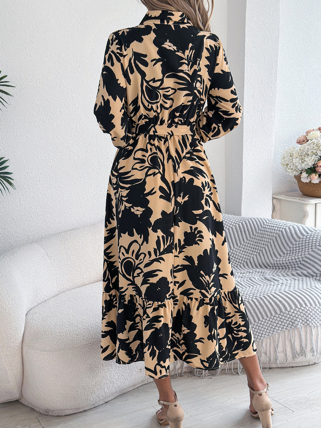 Women's Casual Floral Print Long Sleeve Ruffle Hem Shirt Maxi Dress
