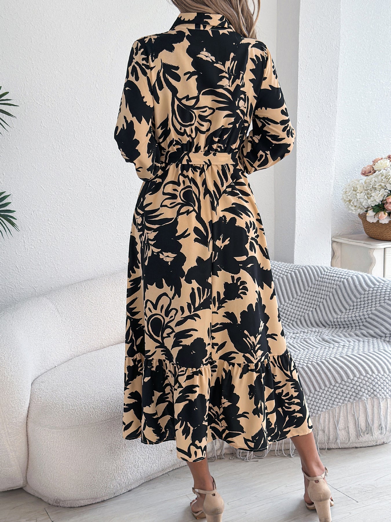 Women's Casual Floral Print Long Sleeve Ruffle Hem Shirt Maxi Dress