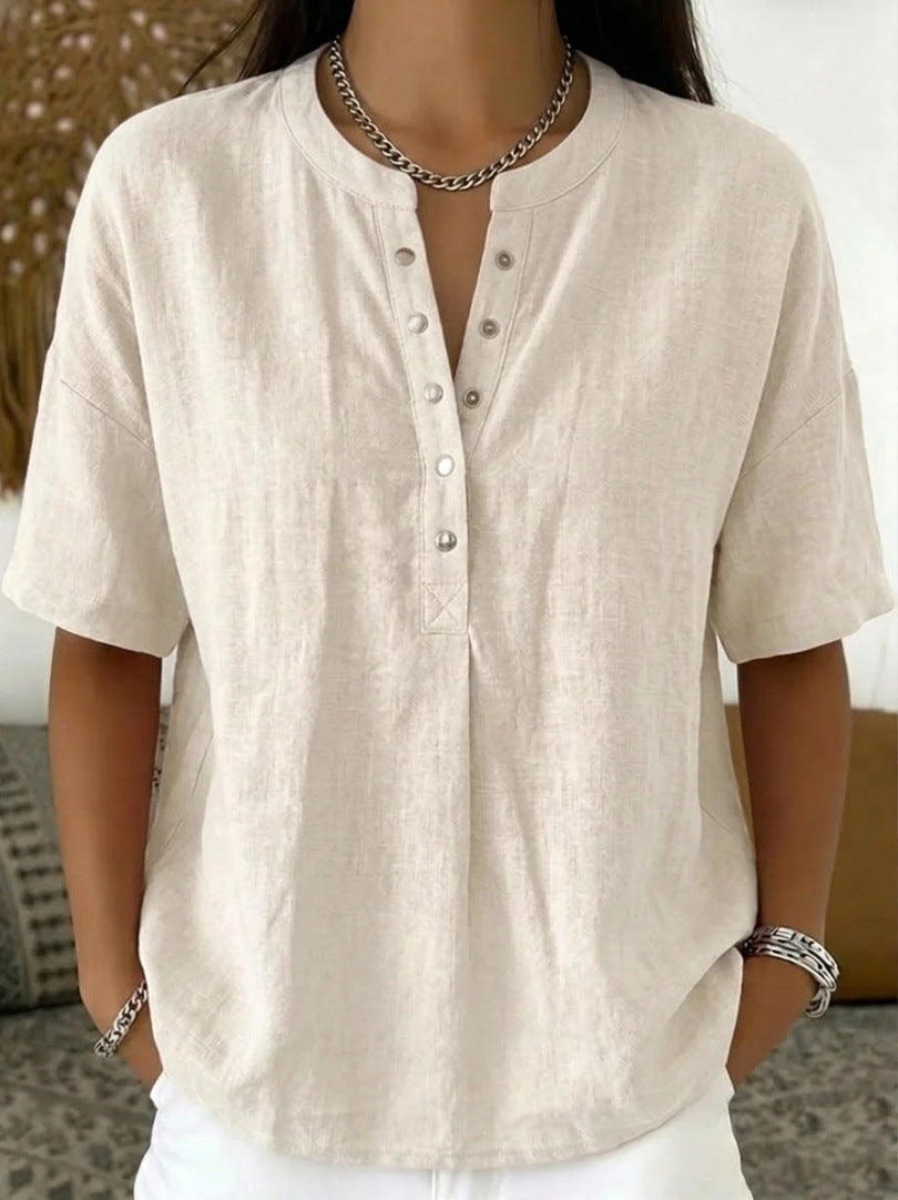 Solid Color Casual Pullover Short-Sleeve Shirt For Women