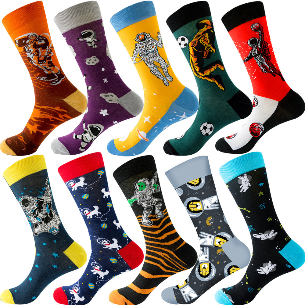Calcetines de otoño para hombre con estampado de rombos y temática navideña de animales y frutas.