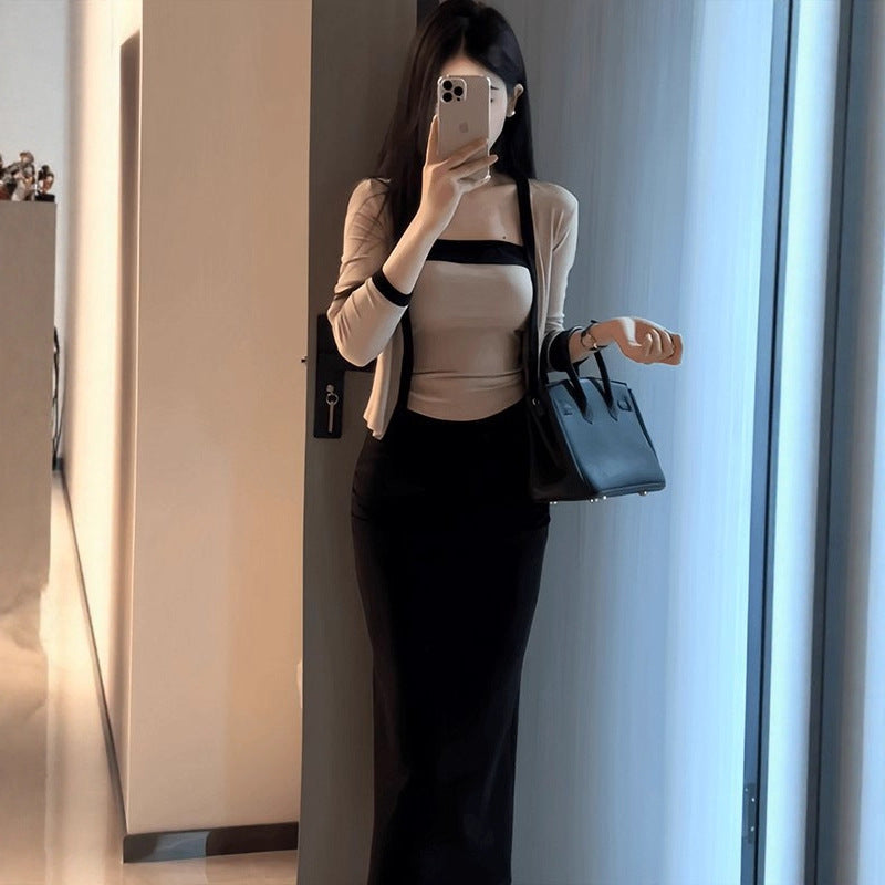 Pure And Alluring Contrasting Color Off-Shoulder Camisole With Cardigan Inner Set