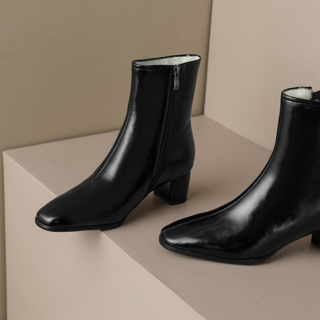 Botas cortas para mujer, tacón medio grueso, botas de nieve de piel gruesa, botas de algodón