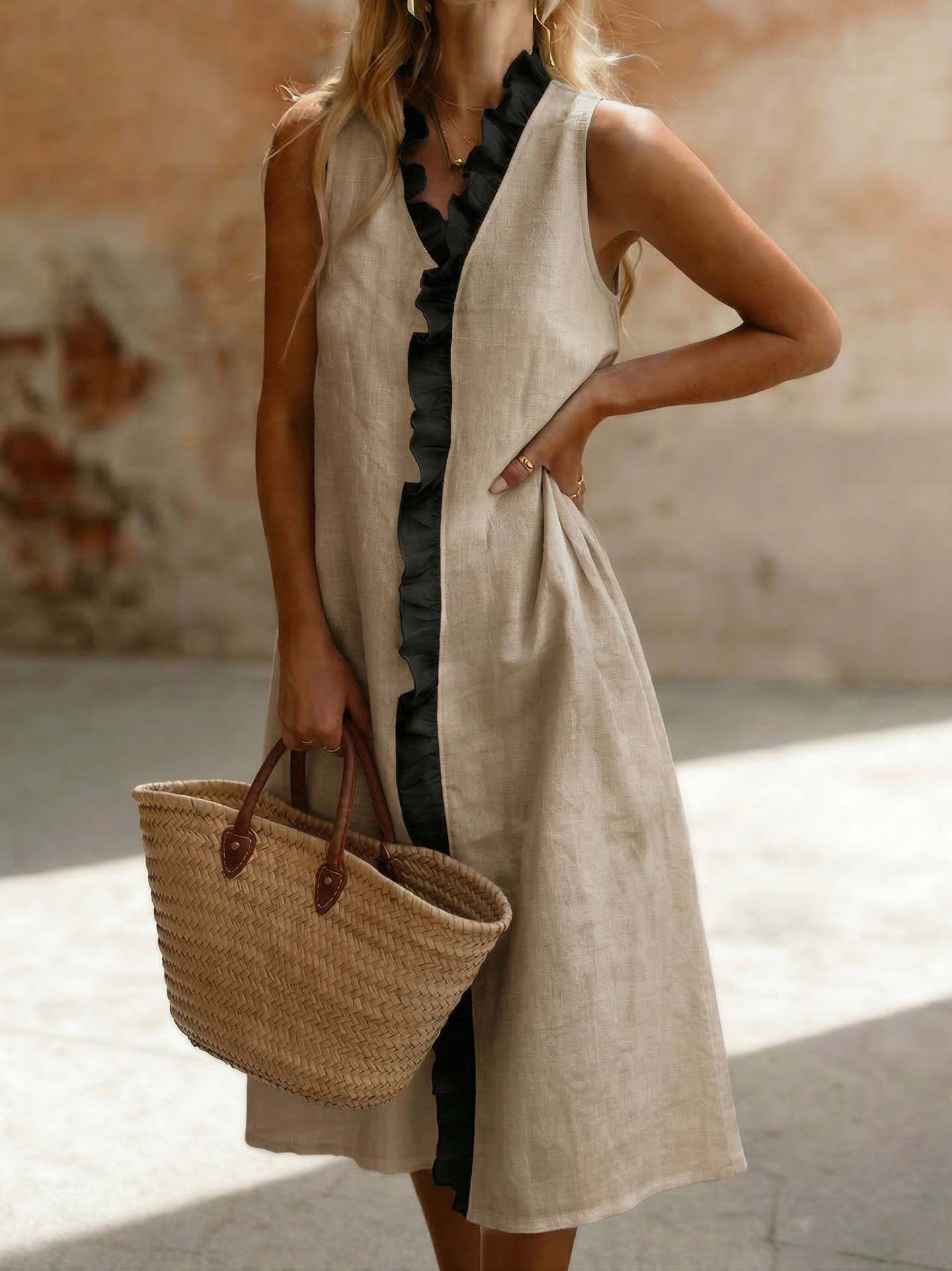 Lapel-trimmed Sleeveless Cotton-linen Midi Dress