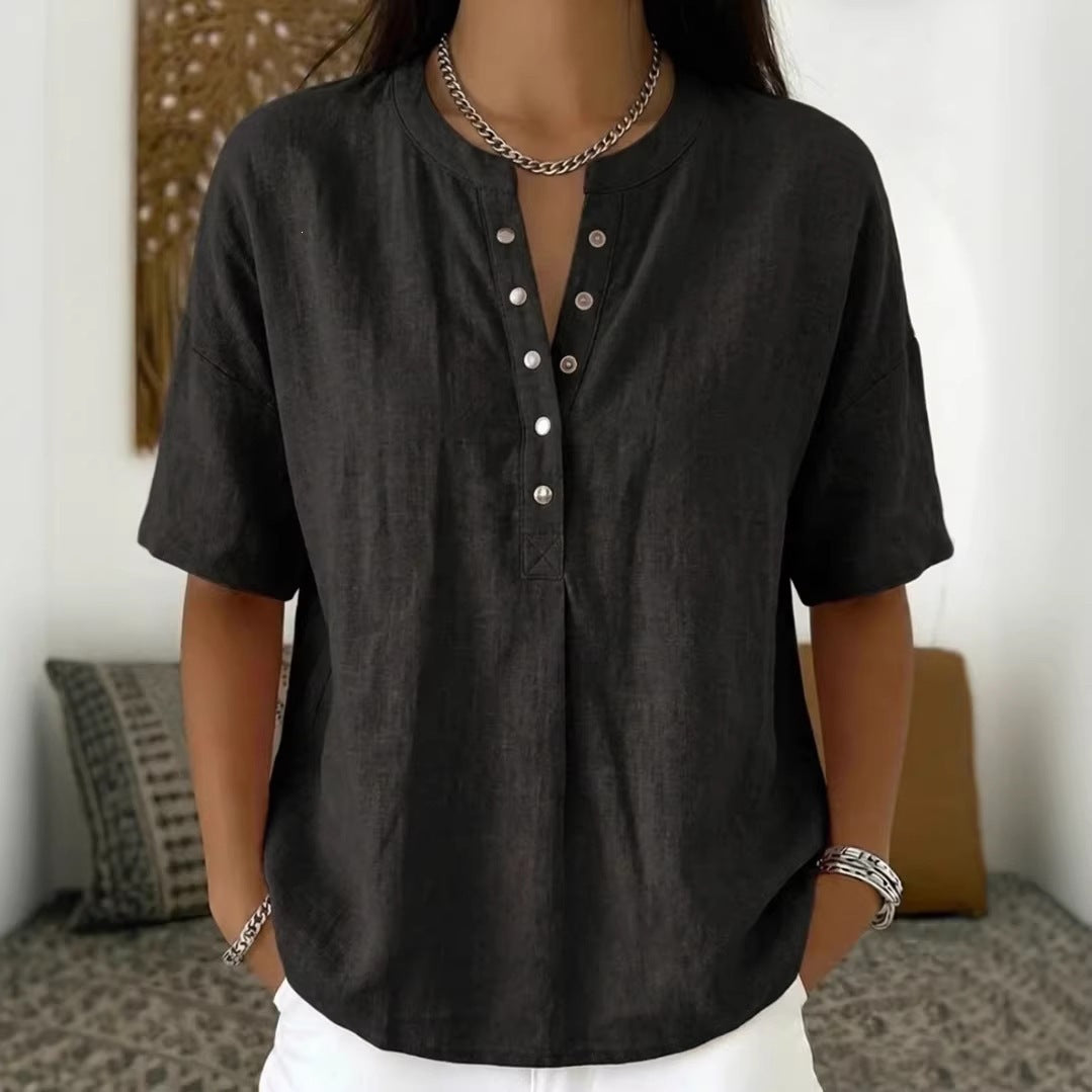 Solid Color Casual Pullover Short-Sleeve Shirt For Women